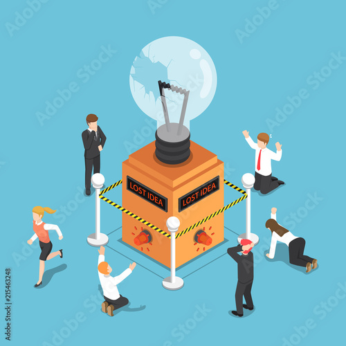 Isometric business people shocked when light bulb of idea is damaged