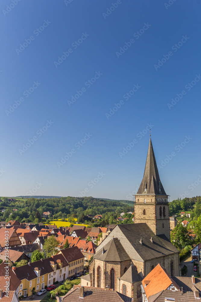 Church tower and surrounding landscape in Warburg, Germany