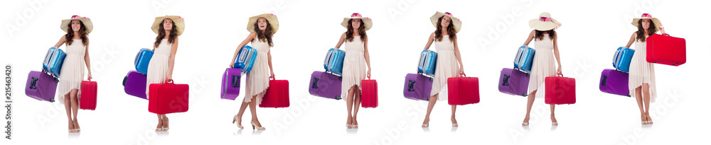 Woman traveller with suitcase isolated on white Woman traveller with suitcase isolated on white