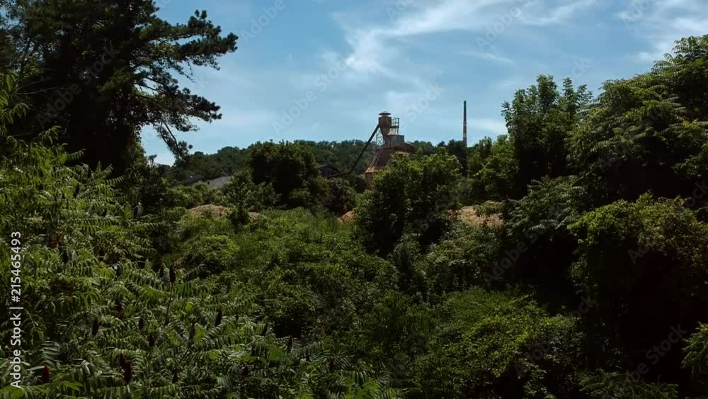 A drone flies through some trees to reveal an old factory, a smokestack, and a beautiful blue sky. A drone flies through some trees to reveal an old factory, a smokestack, and a beautiful blue sky.