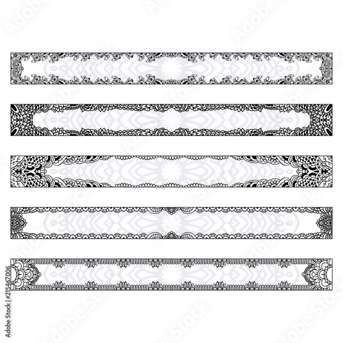 4 horizontal elegant banners with edging in the style of hand drawn doodles. Templates set Boho style long rectangular frame.