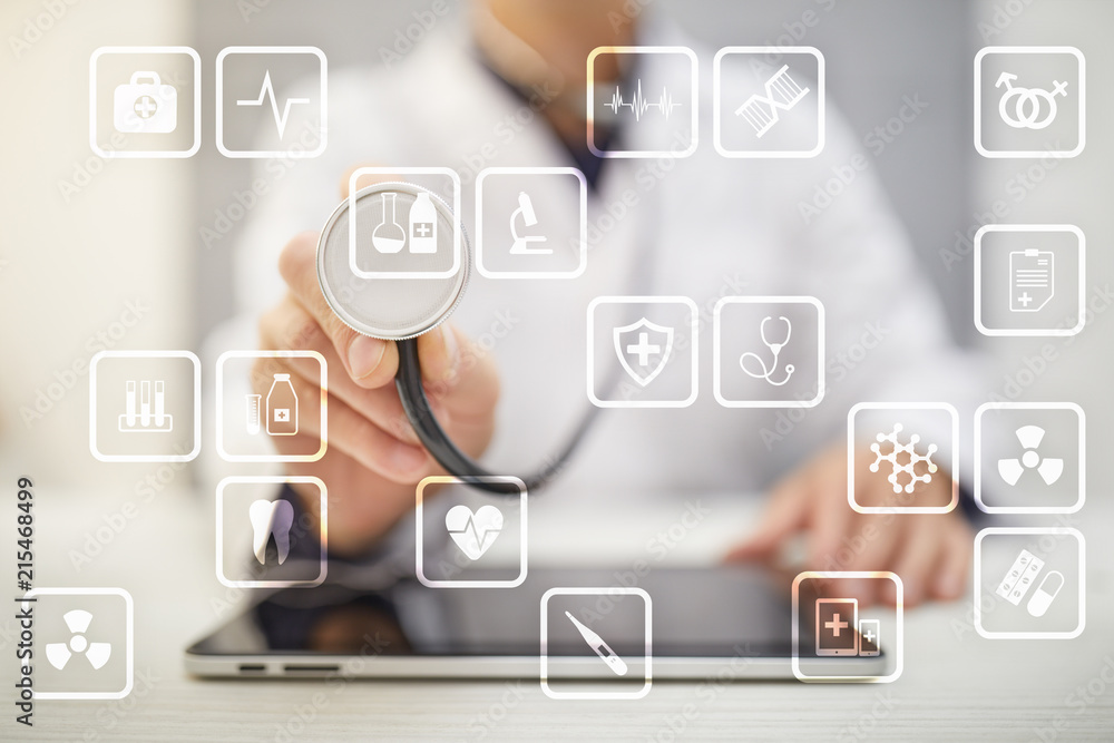 Medical icons on virtual screen. Modern technology in medicine. Medical icons on virtual screen. Modern technology in medicine.