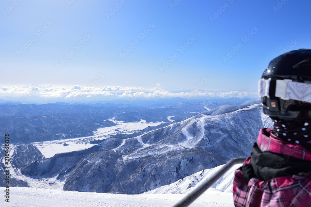 Panoramic ski at hakuba happo in Nagano Japan with blue and chairlift Panoramic ski at hakuba happo in Nagano Japan with blue and chairlift