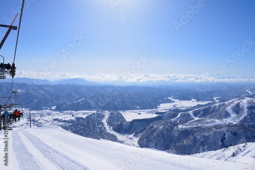 Panoramic ski at hakuba happo in Nagano Japan with blue and chairlift photo