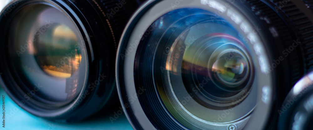 banner for website, lens digital camera, selective focus, close-up, side with reflection, bokeh, isolated on white background banner for website, lens digital camera, selective focus, close-up, side with reflection, bokeh, isolated on white background