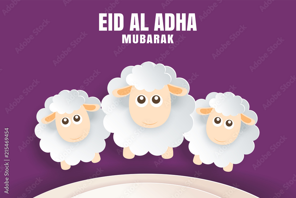Eid Al Adha Mubarak celebration card with sheep in paper art purple background. Use for banner, poster, flyer, brochure sale template. Eid Al Adha Mubarak celebration card with sheep in paper art purple background. Use for banner, poster, flyer, brochure sale template.