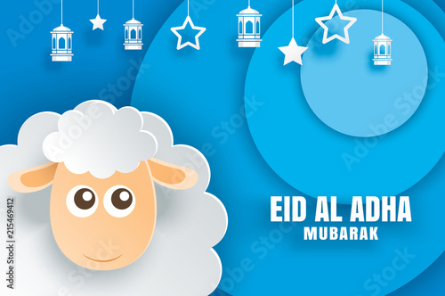 Eid Al Adha Mubarak celebration card with sheep in paper art blue background. Use for banner, poster, flyer, brochure sale template.