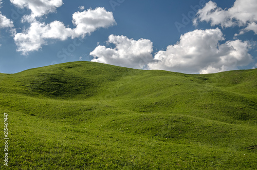 Scenic landscape taken at sunny spring day at Carpathian mountains  Ukraine. Green grassy slopes of mountainous area. Hill covered with grass and blue sky. Beautiful natural background and wallpaper. 
