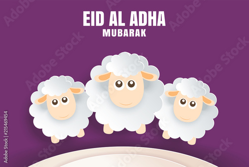 Eid Al Adha Mubarak celebration card with sheep in paper art purple background. Use for banner, poster, flyer, brochure sale template.