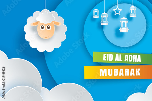 Eid Al Adha Mubarak celebration card with sheep in paper art blue background. Use for banner, poster, flyer, brochure sale template.