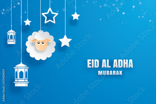 Eid Al Adha Mubarak celebration card with paper art sheep hanging on blue background. Use for banner, poster, flyer, brochure sale template. photo