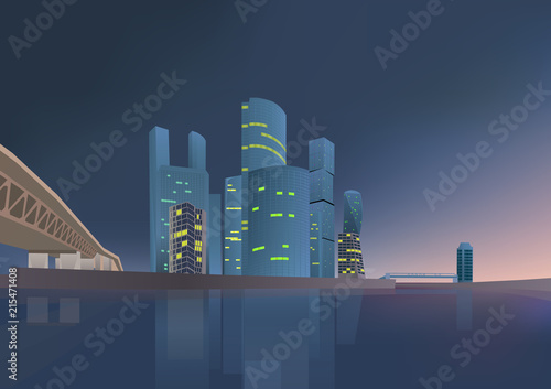 Moscow city business district reflecting in Moskva river in the morning