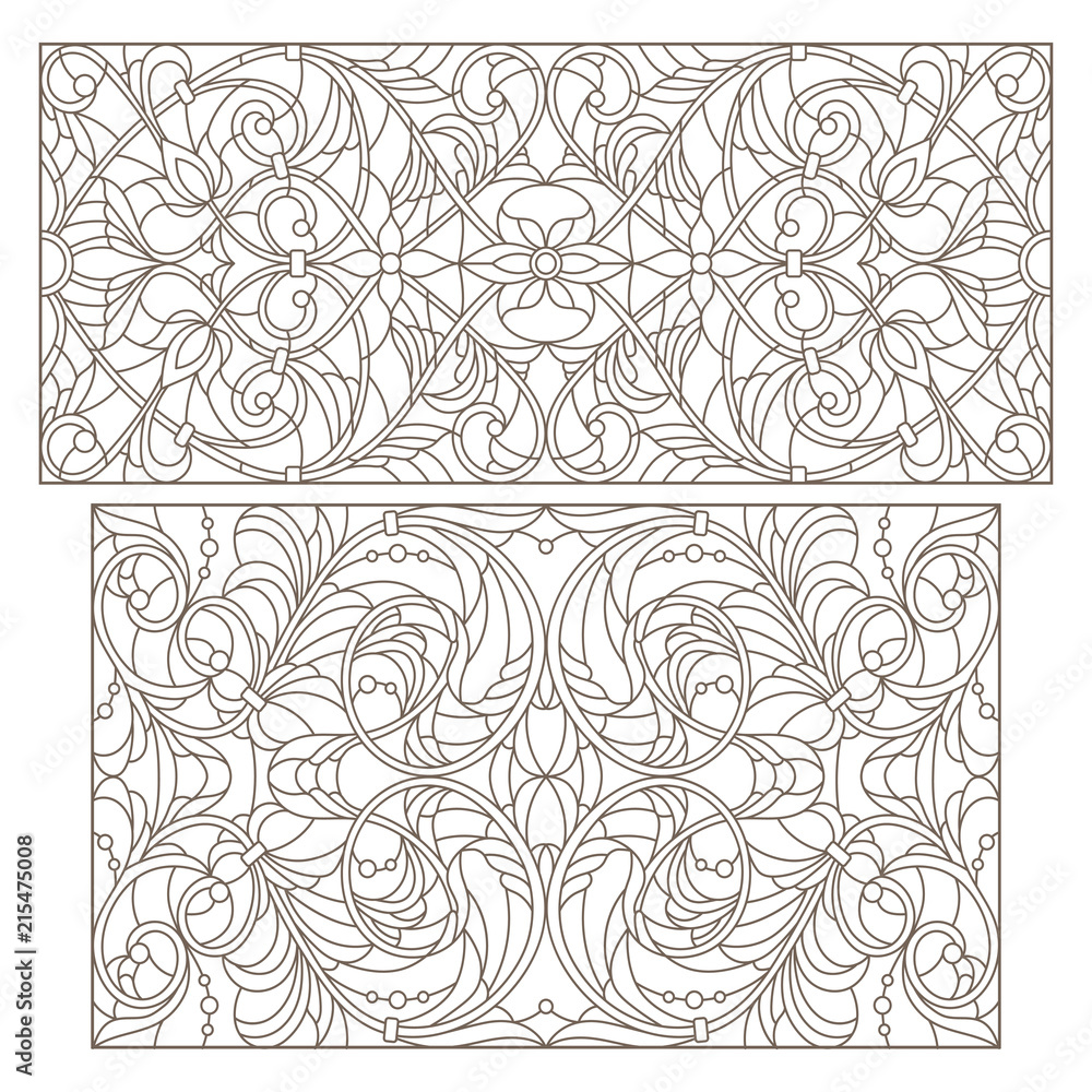Set contour illustrations of stained glass with abstract swirls and flowers , horizontal orientation Set contour illustrations of stained glass with abstract swirls and flowers , horizontal orientation