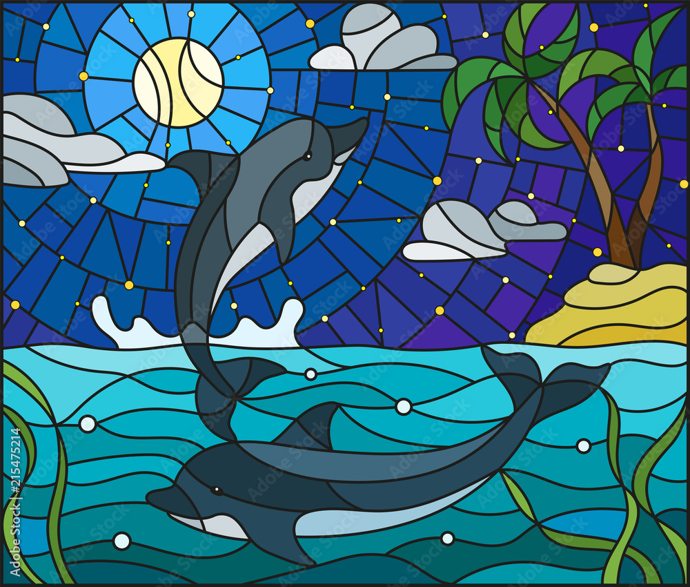Obraz premium Illustration in stained glass style with a pair of dolphins on the background of water ,tarry cloud, sky ,moon and Islands with palm trees
