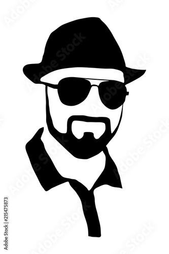 Hipster detailed  beard with sunglasses and hat. Fashion bearded man face isolated on white background. Vector silhouette.