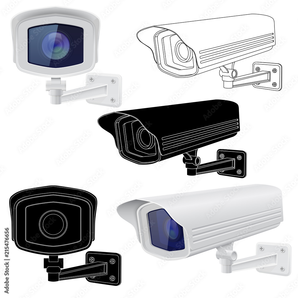 Vecteur Stock Security camera set. CCTV surveillance system. Outline  drawing and 3d model | Adobe Stock