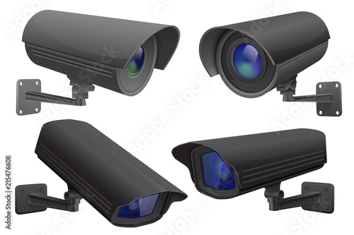 Security camera set. Black CCTV surveillance system