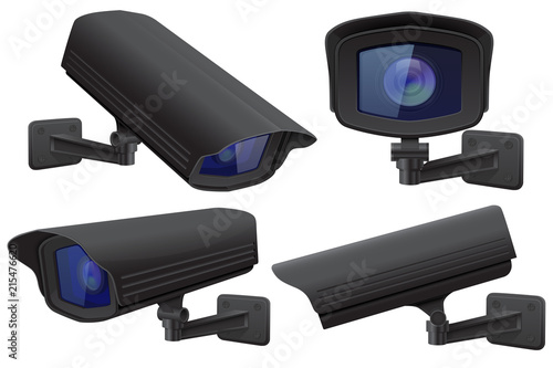 Security camera set. Black CCTV surveillance system