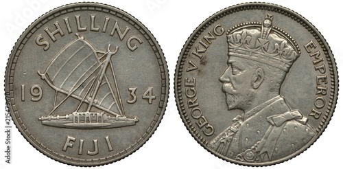 Картината върху платно Fiji Fijian silver coin 1 one shilling 1934, sailing catamaran divides dates, bu