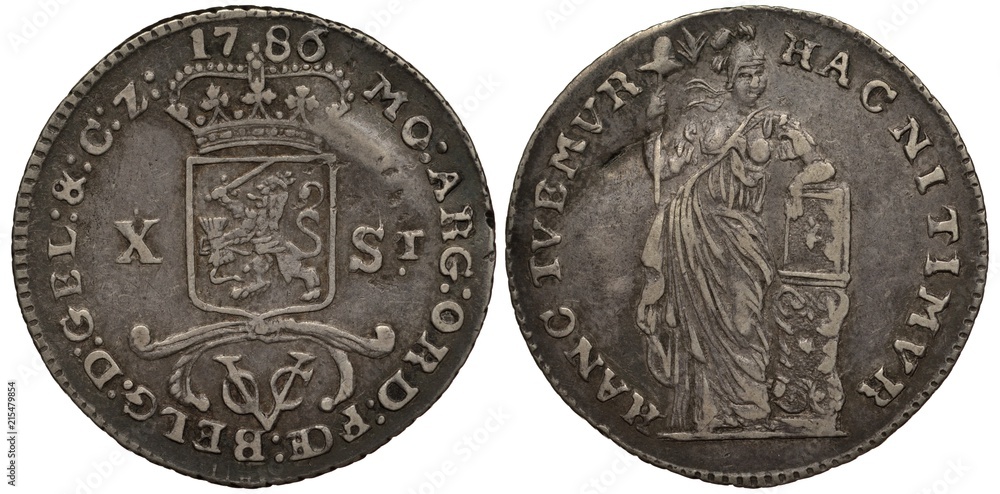 Fototapeta premium The Netherlands East Indies silver coin ten stuiver (1/2 half gulden) 1786, ruler United East India Company, crowned shield with lion with sword and arrows divides face value, VOC emblem below, 