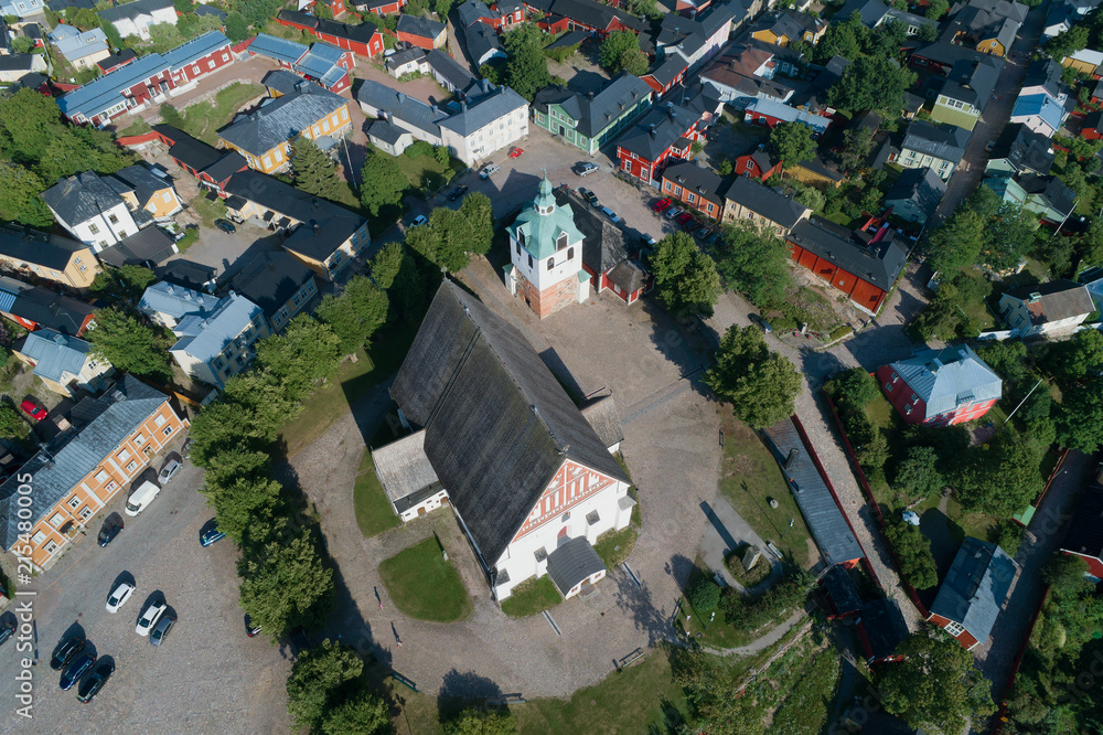 Medieval Lutheran Cathedral in the city landscape. View from above. Porvoo, Finland