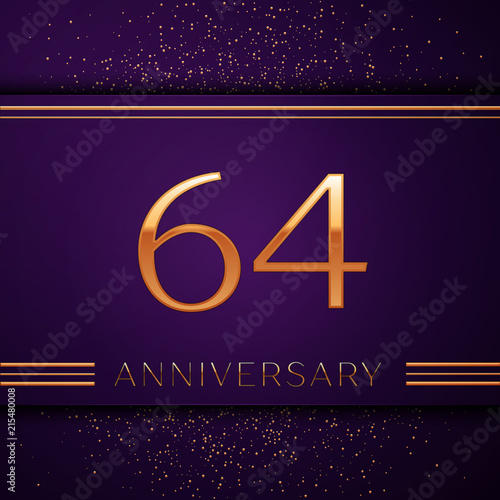 Realistic Sixty four Years Anniversary Celebration design banner. Golden number and confetti on purple background. Colorful Vector template elements for your birthday party photo