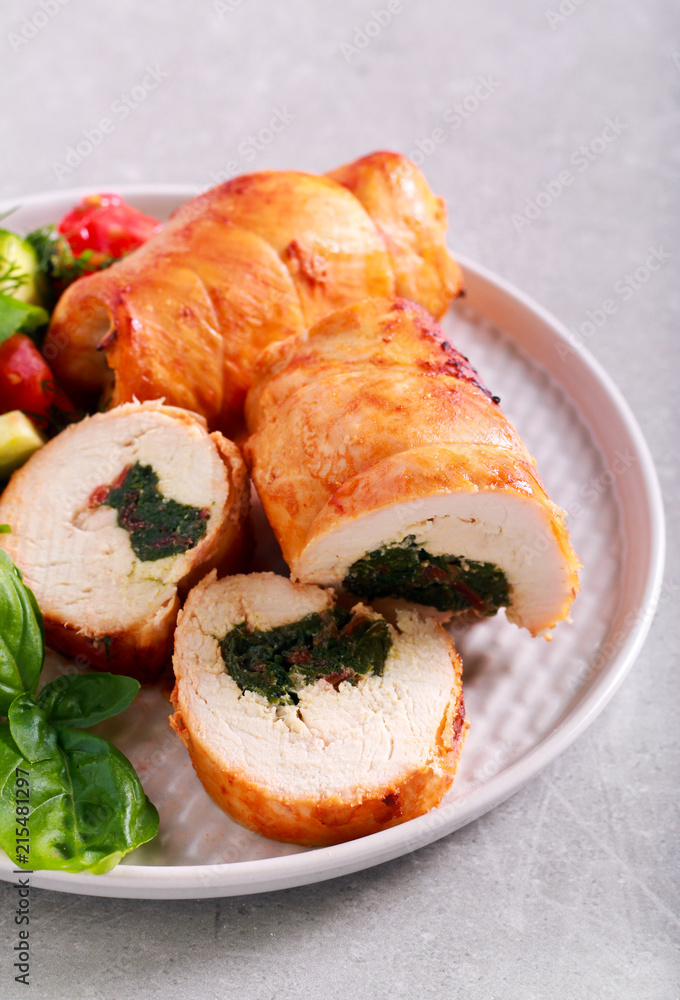Chicken breast rolls filed with swiss chard