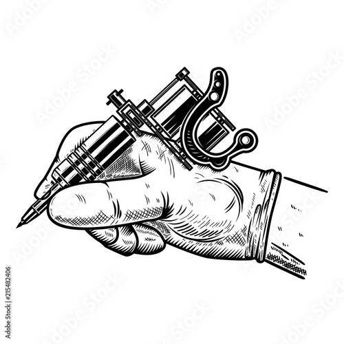 Hand with tattoo machine. Design element for poster, card, t shirt, emblem, sign.
