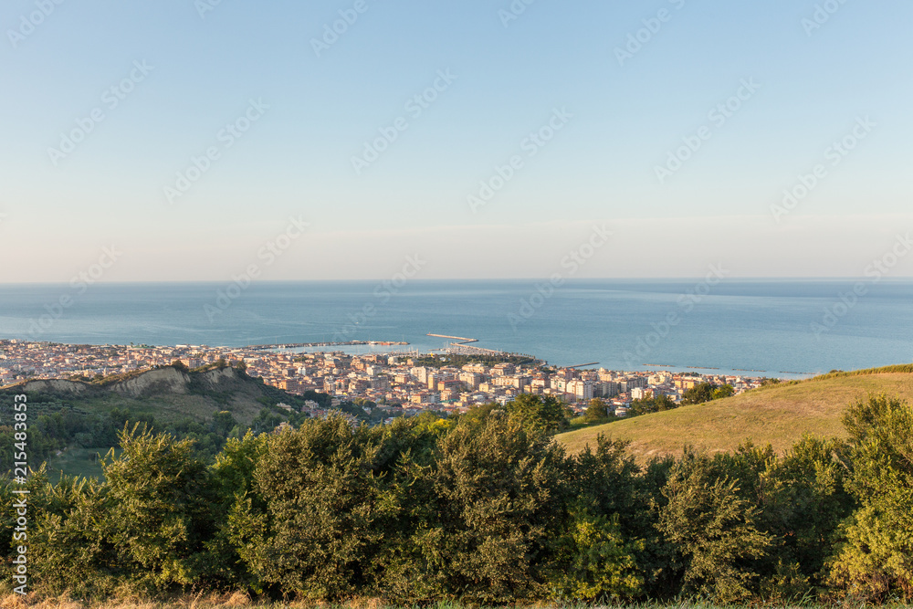 Panoramic view of San Benedetto del Tronto city in the sunset light. Holiday city situated on the Adriatic sea coast, Italy