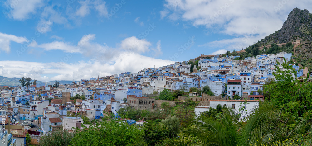 Chefchaouen panorama, blue city skyline on the hill, Morocco