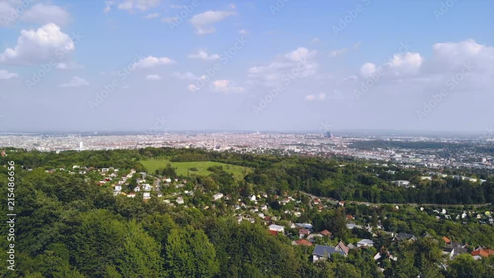 Drone rising over tree branches and revealing Vienna city. Drone rising over tree branches and revealing Vienna city.