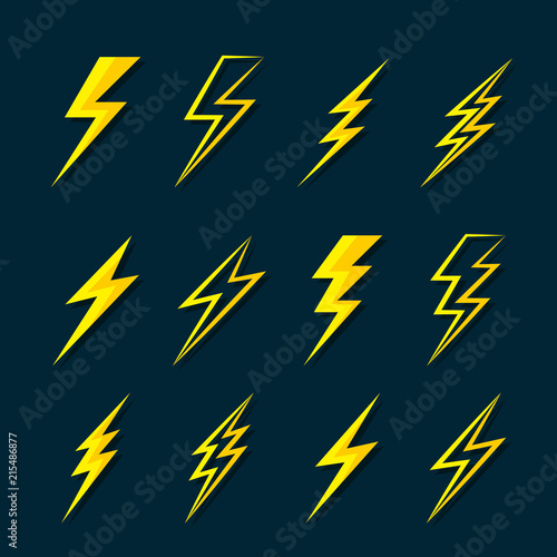 Vector of thunder lightning flat icons set on dark blue background. 