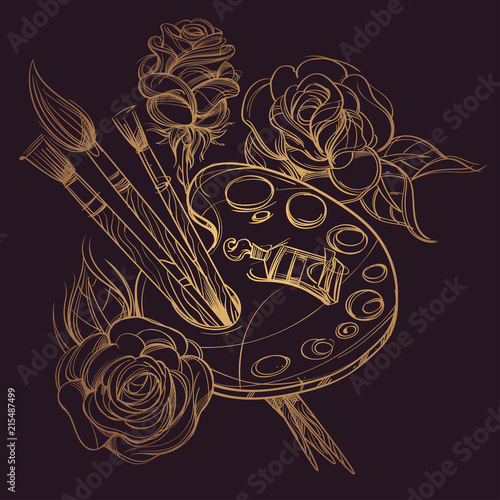 Artist's palette with paints, brushes and roses.