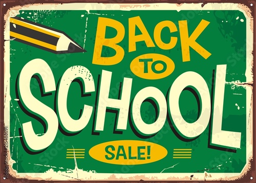 Back to school retro sign advertising with pencil and creative lettering. Promotional poster design for school accessories sale. 