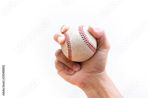 Photography Baseball : Curveball Grip with two fingers and seams - close up on a white background with copy space