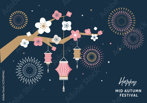 Happy Mid Autumn Festival. Chuseok, Chinese wording translation: Mid Autumn. Vector banner, background and poster