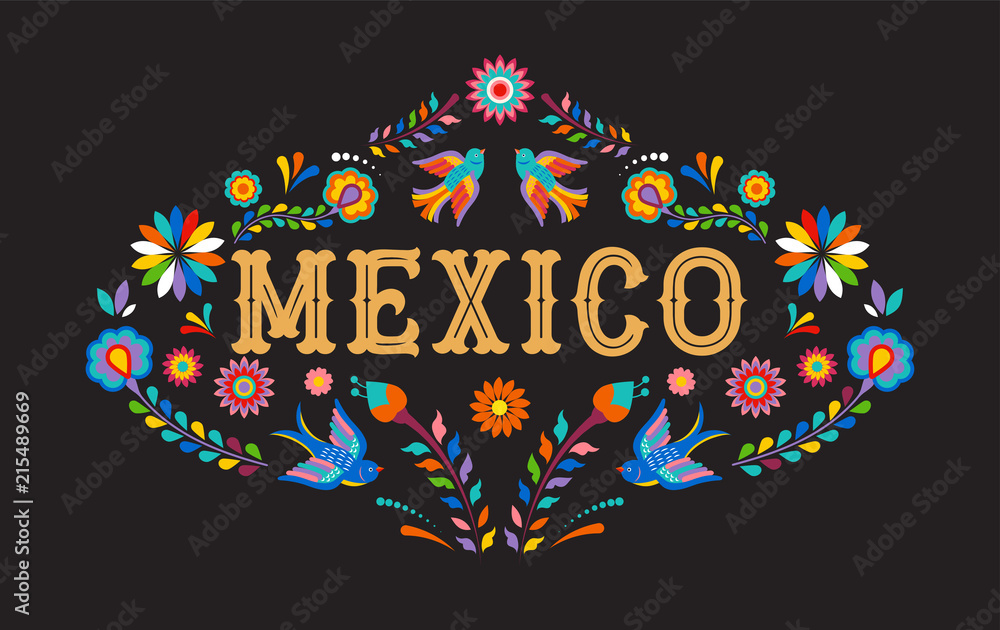 Mexico background, banner with colorful Mexican flowers, birds and ...