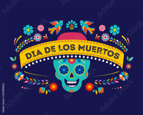 Day of the dead, Dia de los muertos background, banner and greeting card concept with sugar skull. Colorful vector illustration