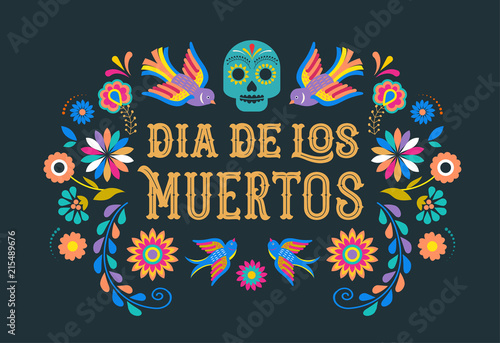 Day of the dead, Dia de los moertos, banner with colorful Mexican flowers. Fiesta, holiday poster, party flyer, greeting card