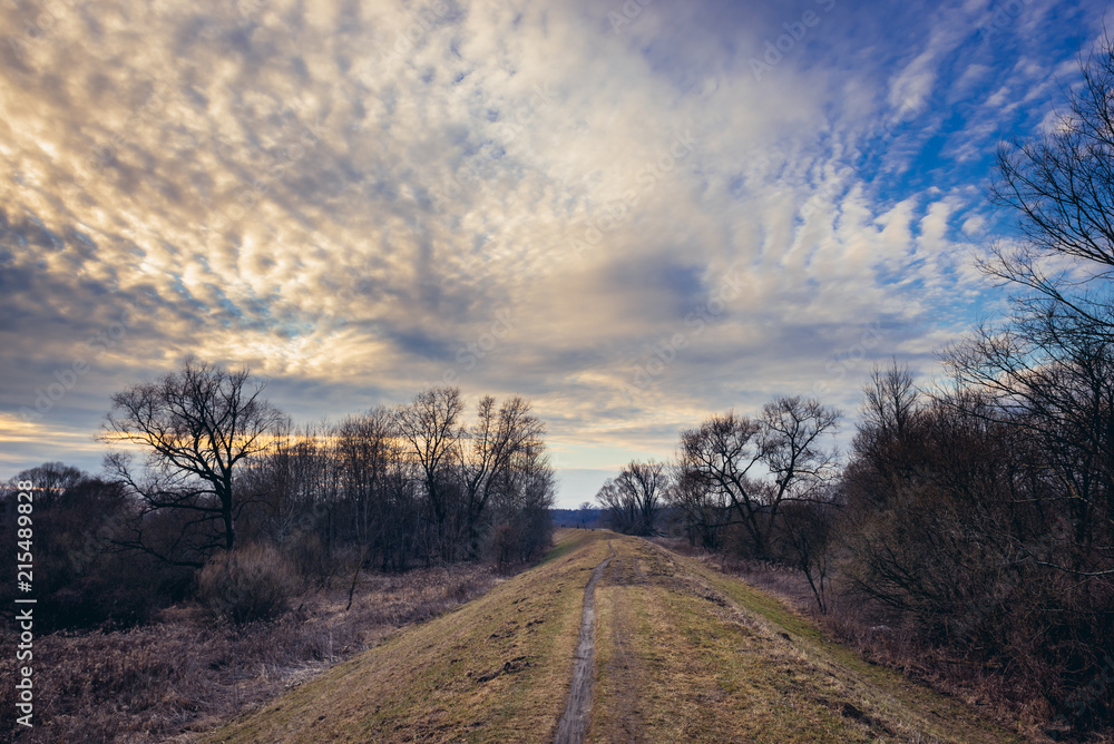 Flood embankment next to Vistula River near Jablonna, small village in Mazovia Province, Poland