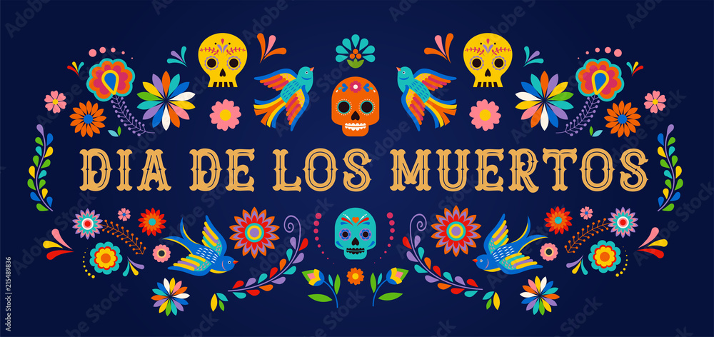 Day of the dead, Dia de los moertos, banner with colorful Mexican flowers. Fiesta, holiday poster, party flyer, greeting card Day of the dead, Dia de los moertos, banner with colorful Mexican flowers. Fiesta, holiday poster, party flyer, greeting card