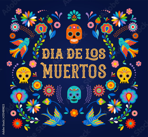 Day of the dead, Dia de los moertos, banner with colorful Mexican flowers. Fiesta, holiday poster, party flyer, greeting card