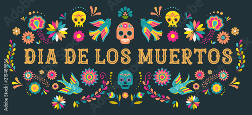Day of the dead, Dia de los moertos, banner with colorful Mexican flowers. Fiesta, holiday poster, party flyer, greeting card photo