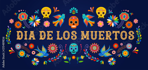 Fototapeta Naklejka Na Ścianę i Meble -  Day of the dead, Dia de los moertos, banner with colorful Mexican flowers. Fiesta, holiday poster, party flyer, greeting card