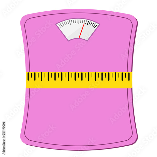 pink woman scale with measuring tape, diet concept design, stock vector illustration