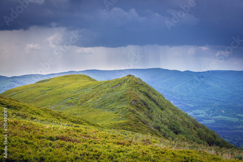 Landscape of Bieszczady National Park in Poland, view from mountain pasture Wetlina