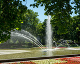 A large beautiful fountain in the historic center of Poznan. Surrounded by a variety of flower beds.