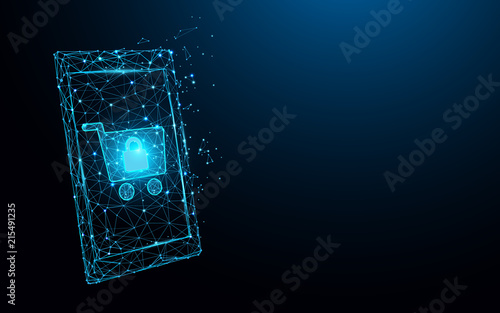 Smartphone with shopping online form lines, triangles and particle style design. Illustration vector
