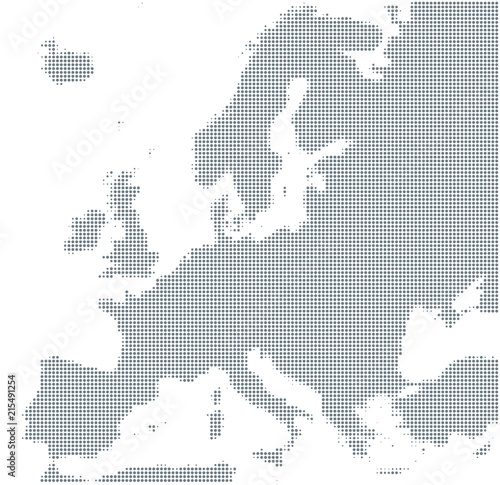 Silhouette of Europe. Gray halftone dots, varying in size and spacing. Map of Europe. Dotted outline and surface under Robinson projection. Isolated ilustration on white background. Vector.