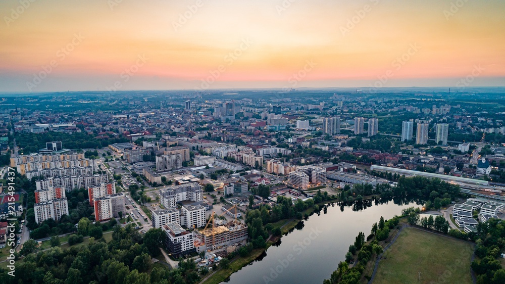 Aerial drone view on Katowice at evening